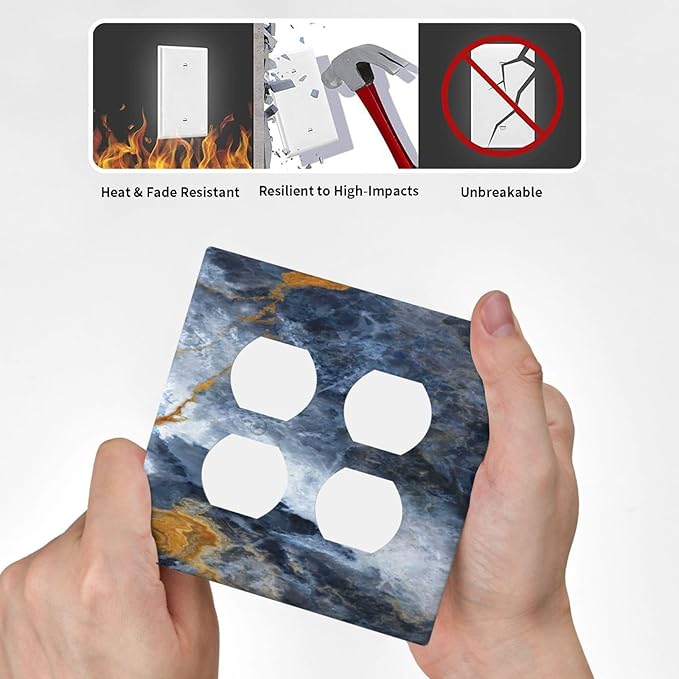 Decorative Switch Plate Covers Gold Dark Blue Gilt Haze Marble 2 Gang Outlet Covers Double Duplex Light Switch Cover Plate Gfci Wall Plate for Bathroom Decor