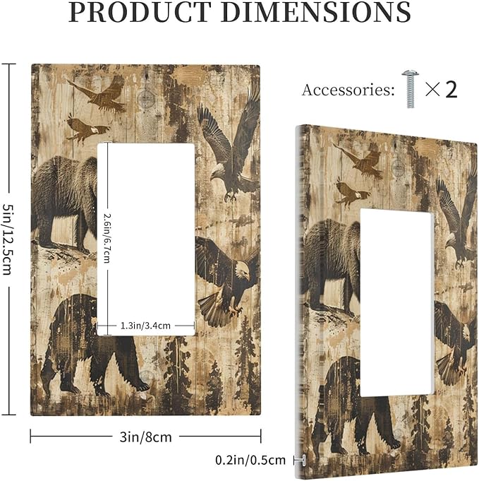 Decorative Outlet Covers Vintage Cabin Wildlife Animal Bear Eagle Forest 1 Gang Single Rocker Light Switch Cover Plate Wall Plates GFCI Faceplate for Farmhouse Bedroom Decor