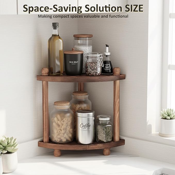 Corner Bathroom Counter Organizer, 2-Tier Bathroom Organizers and Storage, Wooden Makeup Vanity Perfume Organizer Shelf for Kitchen Dresser Countertop