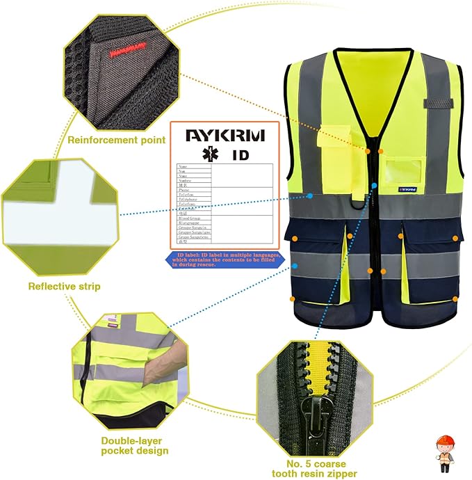 A-SAFETY High Visibility Safety Vest with 4 Reflective Strips 7 Pockets,Yellow&Navy X-Small