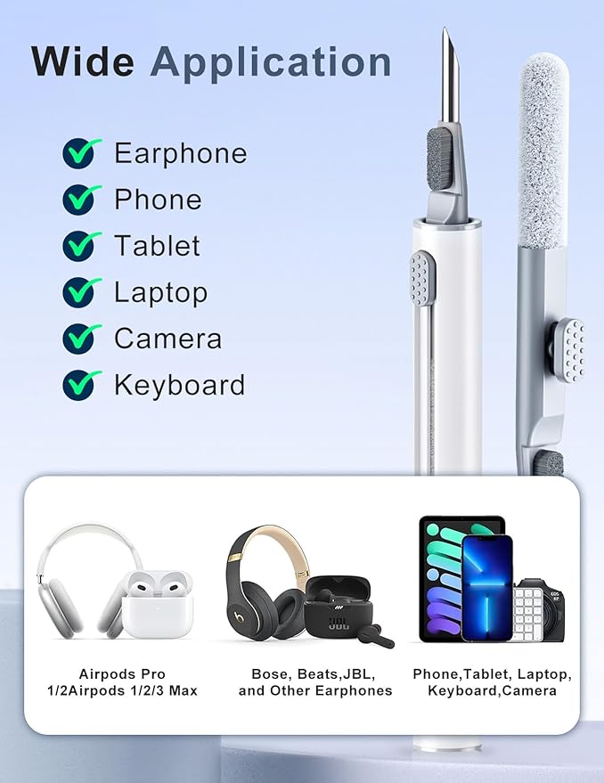 Cleaner Kit for Airpods, 2 Pack Earbuds Cleaning kit for Airpods Pro 1 2 3, Multi-Function Cleaning Pen with Soft Brush Flocking Sponge for Bluetooth Earbuds, iPhone 17,16,Laptop, Camera (Pure White)