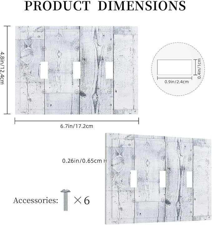 Decorative Switch Plates Vintage Grey White Wood Grain 3 Gang Wall Plate Triple Toggle Light Switch Cover Faceplate Electrical Wall Panels for Farmhouse Bathroom Decor