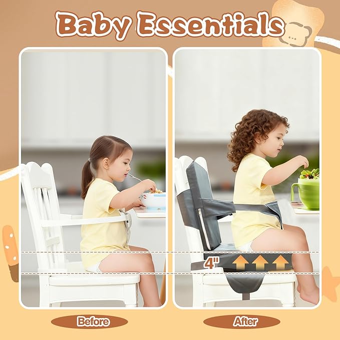 Toddler Booster Seat for Kitchen Chair - Portable PU Waterproof Dining Table Booster Cushion with Backrest and Adjustable Straps, Safe Toddler Seat for Table Eating (Fits Most Chairs)