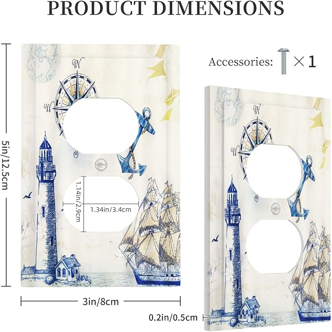 Outlet Covers Nautical Sailboat Lighthouse Compass Anchor 1 Gang Duplex Light Switch Cover Decorative Single Wall Plate Rustic Receptacle Electrical Device Switchplate for Country Bathroom