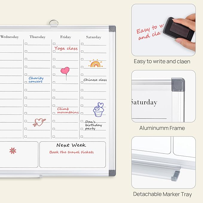 White Board Dry Erase Calendar for Wall, Magnetic Weekly Schedule-Board with Hourly Time Slots for Home, Office,Work, School, Hanging Double-Sided Whiteboard with Marker Tray, 36" × 24"