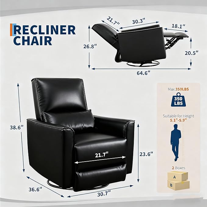 IDEALHOUSE Swivel Rocking Nursery Recliner Chair Rocker Recliner Glider Deep Seat PU Leather Sofa Chair with high Backrest for Nursery, Living Room, Bedroom & Home Movie Theater (Black)