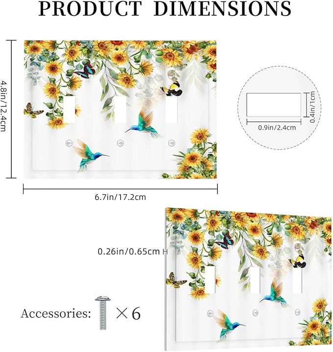 Yellow Sunflower Blue Hummingbird Butterfly 3 Gang Light Switch Covers Decorative Rustic Farmhouse Floral Plant Triple Toggle Wall Plate Cover 3 Hole Electrical Device Switchplate for Bathroom