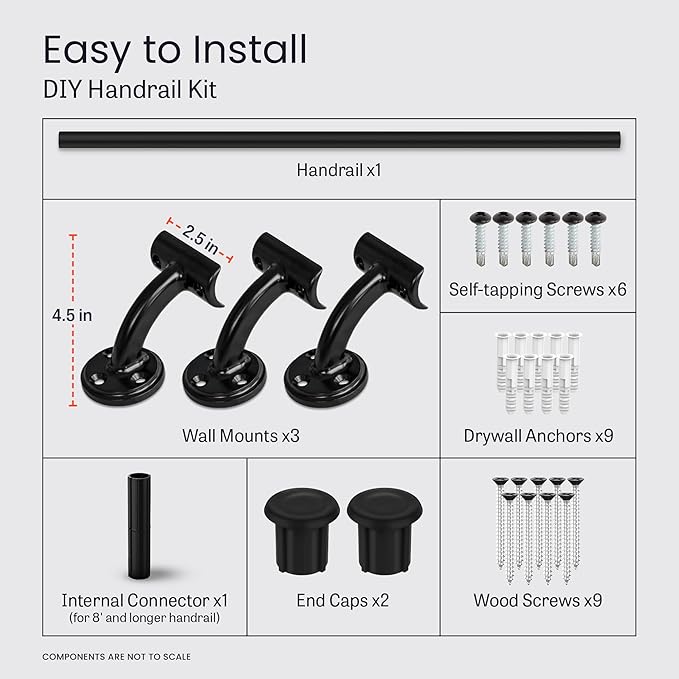 Meranti Aluminum Handrail for Indoor or Outdoor Steps and Stairs – Hand Rails for Elderly – DIY Complete Stair Railing Kit (AHR, Black, 10' Length)