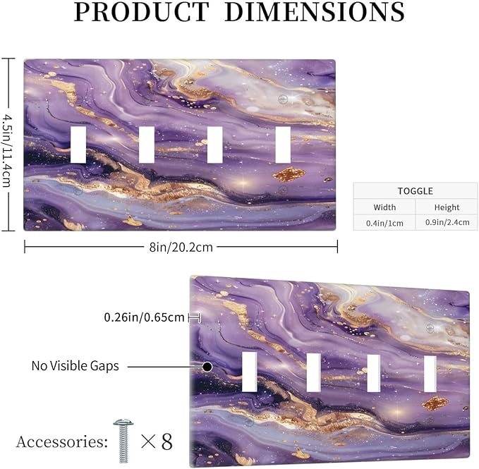 Luxury Marble Texture Purple And Gold Abstract Print Light Switch Covers Quad Toggle Electrical Faceplate 4 Gang Wall Plate Decorative Switch Plates Cover for Bathroom Home Decor