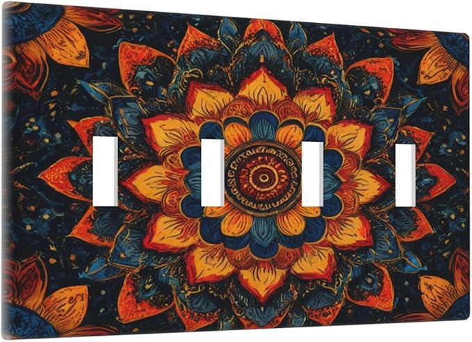 Colorful Oriental Floral Blooming Mandala Flower 4 Gang Light Switch Covers Decorative Quad Toggle Wall Plate Cover 4 Hole Electrical Device Switchplate Dimmer Faceplate for Bathroom Decor