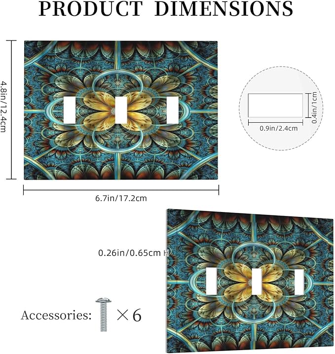 Light Switch Cover Boho Fractal Mandala 3 Gang Wall Plate Triple Light Switch Plate Bohemia Toggle Decorative Outlet Covers Electrical Switchplate for Bathroom Bedroom Decor