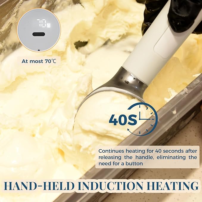 Heated Ice Cream Scoop Rechargeable, Electric Warming Ice Cream Scooper with LED Display, Heats to 158°F for Hard Ice Cream, Easy for Seniors & Kids, IP67 Waterproof (White, 2 oz)