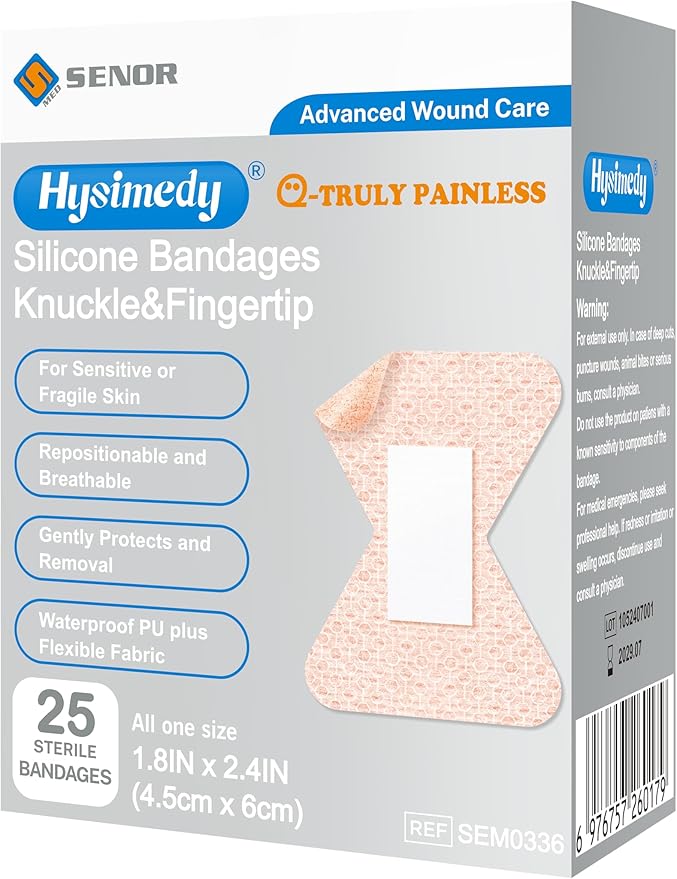 Silicone Fingertip Bandages for Sensitive Fragile Skin 1.8" x 2.4" 25 Counts Knuckle Finger Bandages Flexible Fabric Latex Free Hypoallergenic Breathable Bandage for Adhesive Allergy Wounds