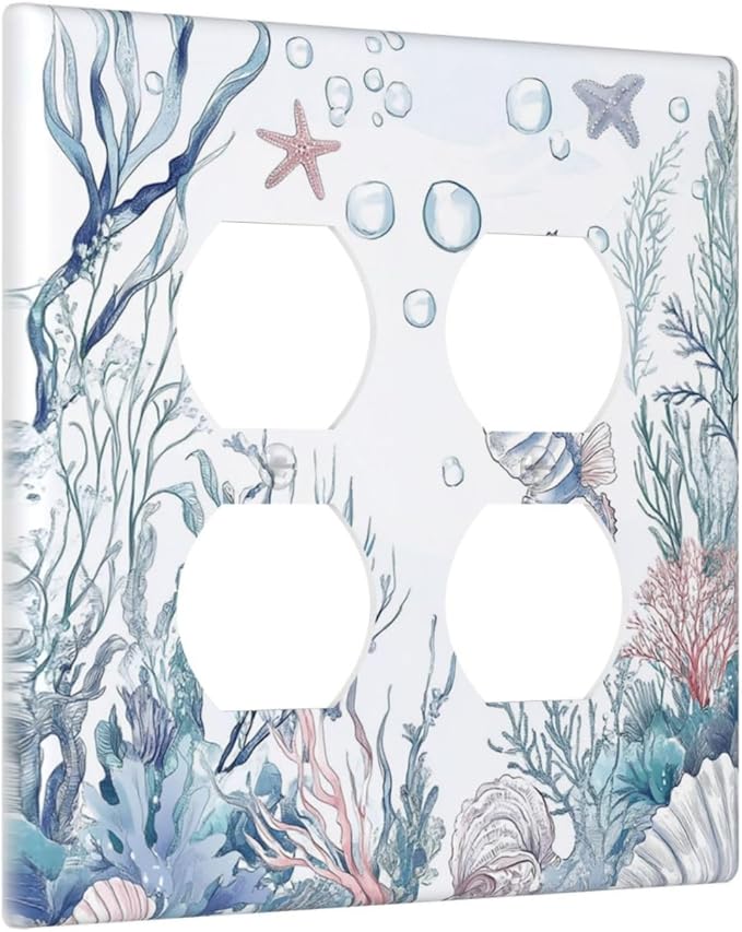 Outlet Covers Ocean Coral Seahorse Seashell Starfish 2 Gang Double Duplex Decorative Light Switch Covers Electrical Wallplates Socket Faceplate For Bathroom Home Decor