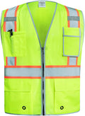 SKSAFETY 10 Pockets Safety Vest, Class 2 High Visibility Security with Zipper Double-sided mesh, Hi Vis Vest with Reflective Strips, ANSI/ISEA Standard, Construction Work Vest （Lime, XL）