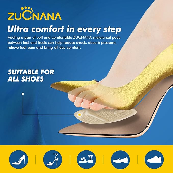 Ball of Foot Cushions, Metatarsal Pads Women (2 Pairs), Non-Slip Heel Inserts for Women, Gel Heel Cushions for Foot Pain Relief and Comfort | One Size Fits Any (Beige & Clear)