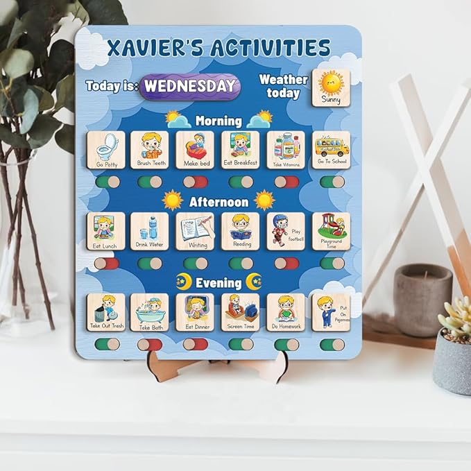 Personalized Wooden Daily Routine Chart 12x14", Visual Schedule, Daily Responsibilities for Kids, Morning Bedtime Routine Chart for Toddlers (11)