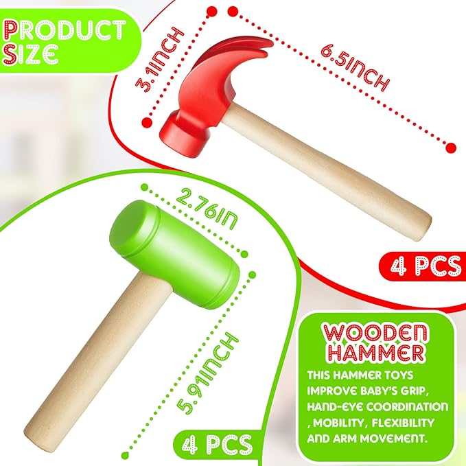 Deekin Toy Hammer Simulation Small Wooden Plastic Maintenance Tools Hammers Educational Toys Party Gift for Teens Girls Boys School Birthday Games Party Supplies(4 Pcs,2 Style Toy Hammer)
