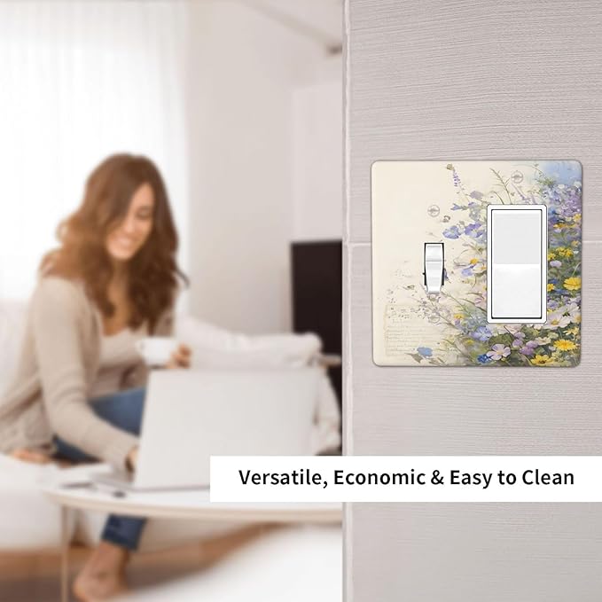 Decorative Outlet Covers Purple Flower Butterfly Yellow Daisy 2-Gang Combo Light Switch Cover Plate Single Toggle/Rocker Wall Plate Plug Switch Plate Covers for Bathroom Decor