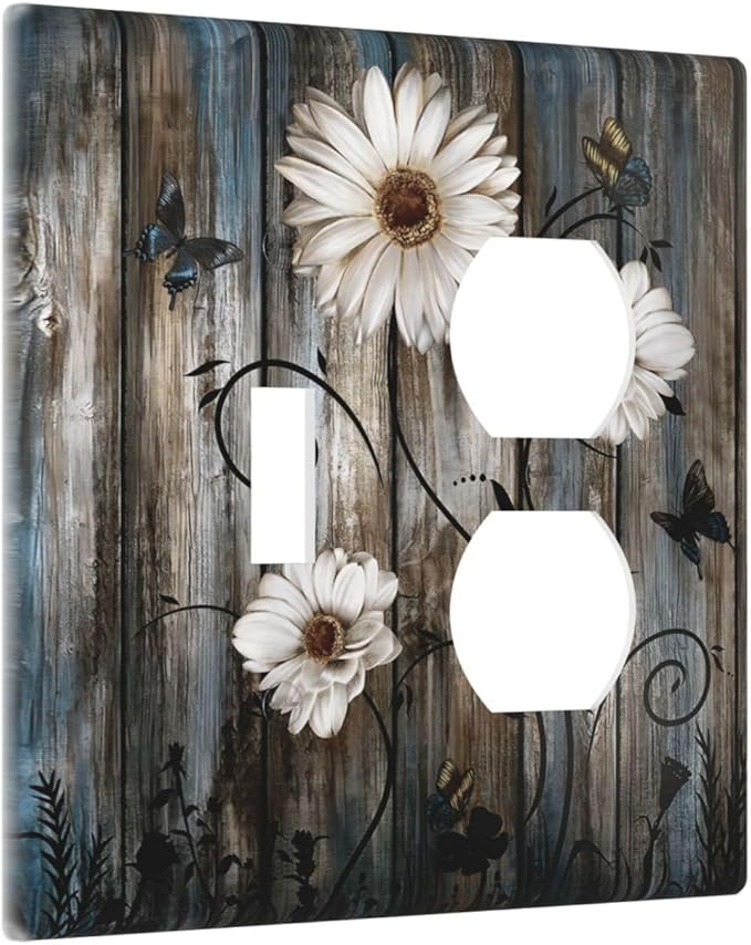 Rustic Wood Background Floral Butterfly Daisy Wallplates 1 Toggle 1 Duplex Switch Plate Electrical GFCI Faceplate Decorative Light Switch Covers for Farmhouse Bedroom Decor