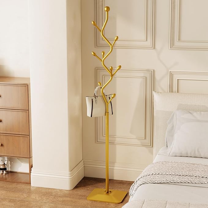 Tree-shaped coat rack stand,Metal coat tree with 8 Hooks and sturdy cast iron base,Heavy Duty coat rack freestanding coat hanger stand for Clothes Hats Scarfs Purses (gold)