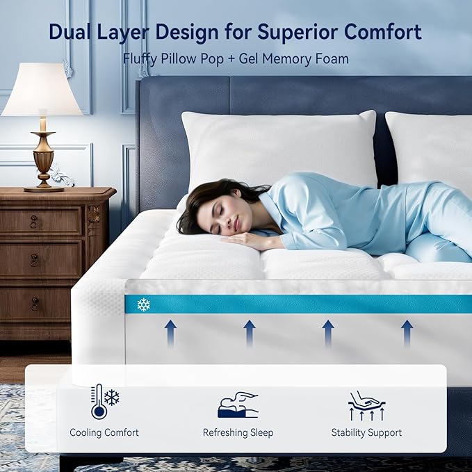 ELEMUSE 3 Inch Cooling Memory Foam Mattress Topper Queen, 2 Inch Pressure-Relieving Memory Foam and 1 Inch Thick Soft Viscose Made from Bamboo Pillow Top for Hot Sleepers, Removable & Washable Cover