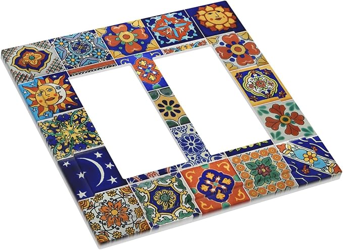 Decorative Outlet Covers Mid Century Talavera Shaped Tiles 2 Gang Double GFCI Rocker Electrical Wall Panels Light Switch Cover Plate for Bedroom Bathroom Decor