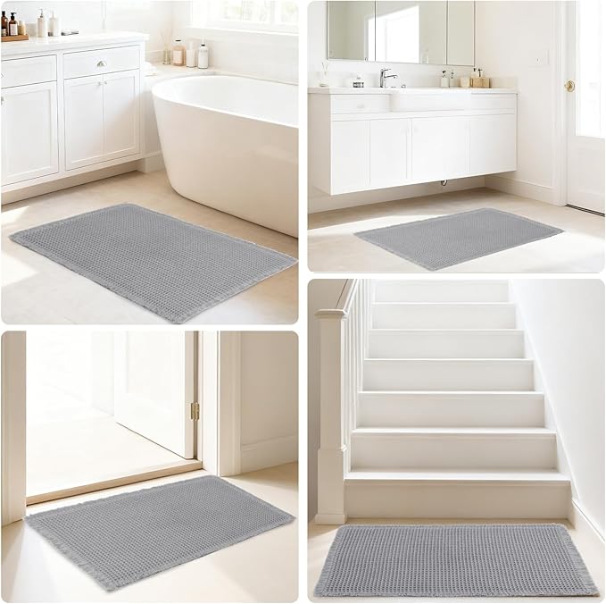Hiasan Waffle Bath Mat, Super Absorbent Non Slip Bathroom Boho Rug with Tassels, Machine Washable Bath Mats for Bathroom, Ultra Soft Rubber Backed Rug, Grey, 16 x 24 Inches