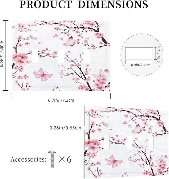 Cherry Floral Watercolor Pink Flowers Butterfly Decorative Switch Plates 3 Gang Wall Plate Triple Toggle Light Switch Cover Faceplate Electrical Wall Panels for Bed Room Living Room Decor