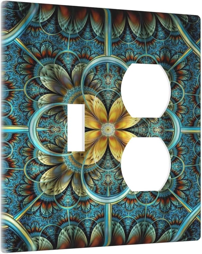 Decorative Light Switch Cover Plate Boho Fractal Mandala Bohemia 2 Gang Outlet Covers 1 Toggle 1 Duplex Wall Plate Decorate Electrical Switch Plate Covers for Bedroom Home Decor