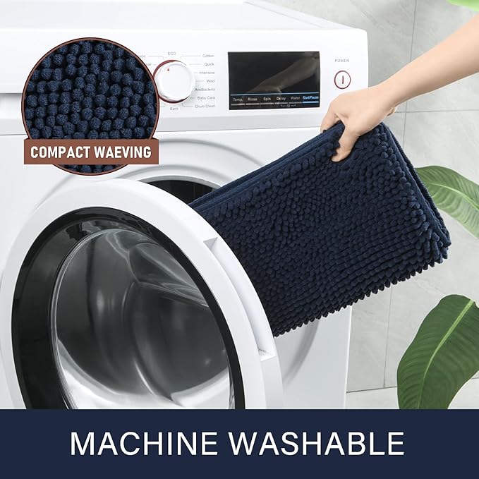 LOCHAS Luxury Bathroom Rug Shaggy Bath Mat 24 x 48 Inch, Washable Non Slip Bath Rugs for Bathroom Shower, Soft Plush Chenille Absorbent Carpets Mats, Navy