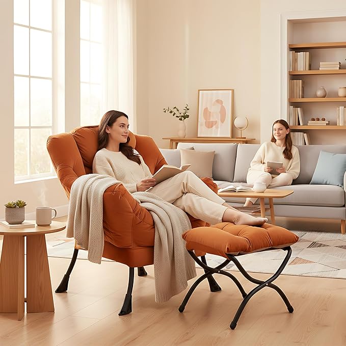 Lazy Chair with Folding Ottoman, Modern Accent Lounge Armchair with Armrests, a Side Pocket & Foldable Footstool, Leisure Reading Chair for Living Room, Bedroom, Dorm & Office, Velvet Orange