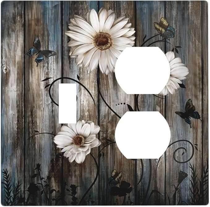 Rustic Wood Background Floral Butterfly Daisy Wallplates 1 Toggle 1 Duplex Switch Plate Electrical GFCI Faceplate Decorative Light Switch Covers for Farmhouse Bedroom Decor