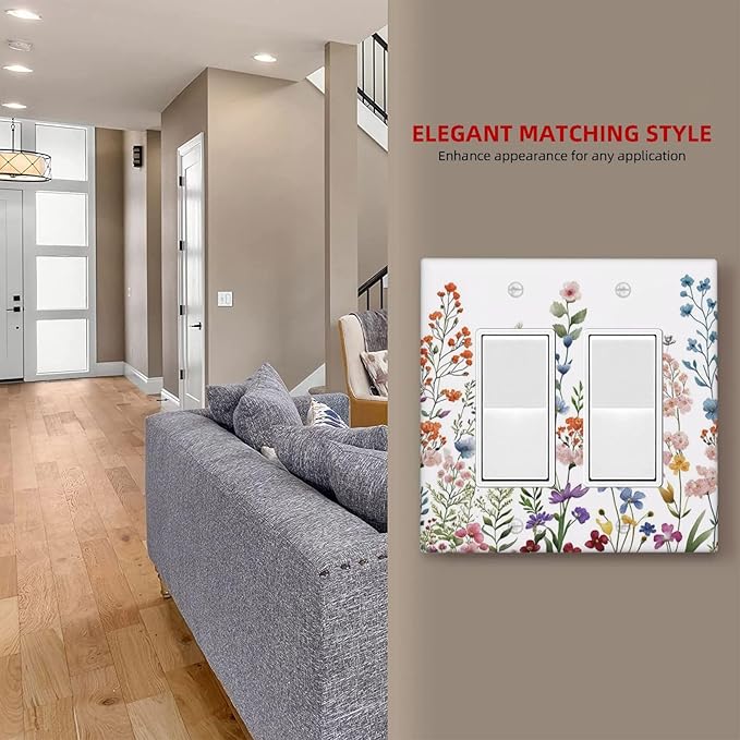 Rustic Wild Floral Vintage Colorful Flowers Outlet Covers Double Rocker Light Switch Covers Decorative 2 Gang Gfci Wall Plate Electrical Receptacle Switchplate Plug Faceplate Bathroom Decor