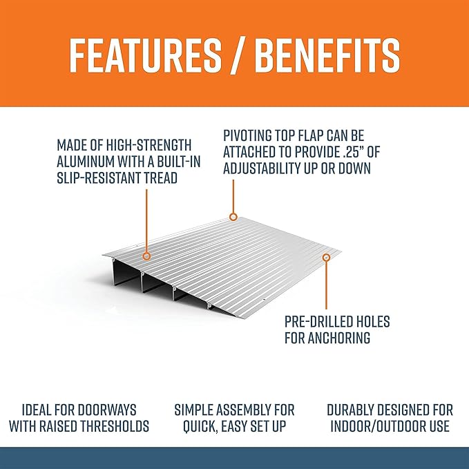 EZ-ACCESS - Threshold Ramps for Doorways - Portable Wheelchair Ramp for Home Steps, Aluminum Door Threshold Sliding Doors, Walker & Wheelchair Access - Adjustable Modular Transitions, 4" Rise