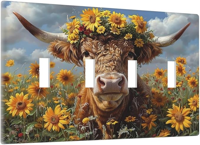 Light Switch Covers Vintage Sunflower Highland Cow Rustic Art Quad Toggle Electrical Faceplate 4 Gang Wall Plate Decorative Switch Plates for Bedroom Farmhouse Decor