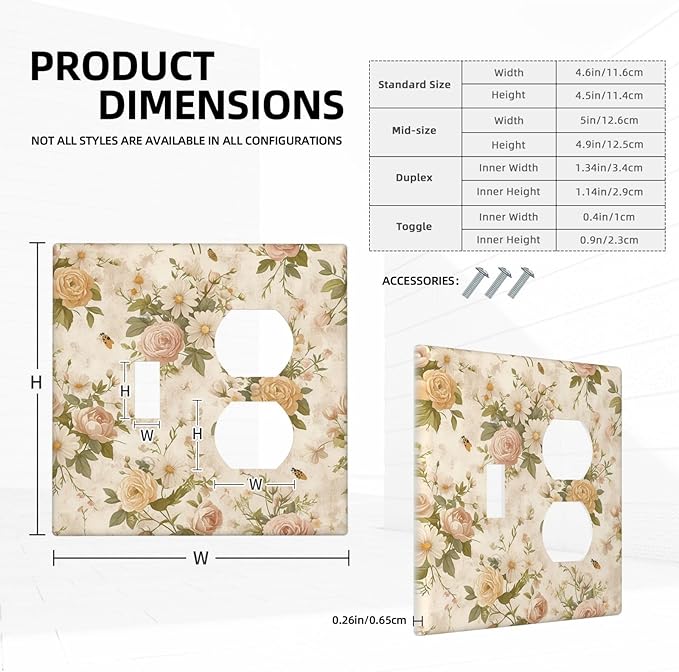 Wallplates Boho Vintage Roses Pink Red Yellow Bouquet Floral 1 Toggle 1 Duplex Switch Plate Electrical GFCI Faceplate Decorative Light Switch Covers for Bedroom living Room Decor