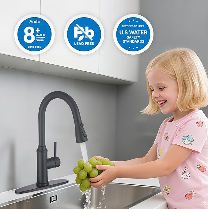 Matte Black Kitchen Faucet with Pull Down Spayer Arofa Single Handle Pull Out Kitchen Sink Faucet with Sprayer, Solid Brass Commercial Faucet for Kitchen Sink, RV, Outdoor, Laundry & Utility Room Sink