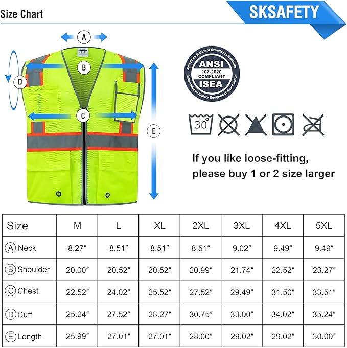 SKSAFETY 10 Pockets Safety Vest, Class 2 High Visibility Security with Zipper Double-sided mesh, Hi Vis Vest with Reflective Strips, ANSI/ISEA Standard, Construction Work Vest （Lime, 3XL）