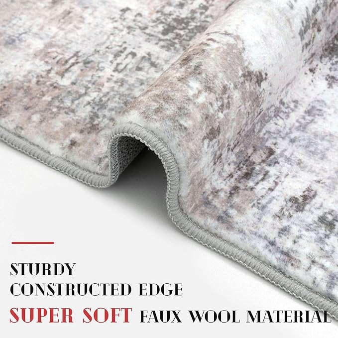 Modern Abstract Hallway Runner Rug, Beige Grey 2x8 Runner Rug, Washable Kitchen Runner Non-Slip Soft Thin Print Faux Wool Carpet for Entryway Bedroom Laundry Room Indoor