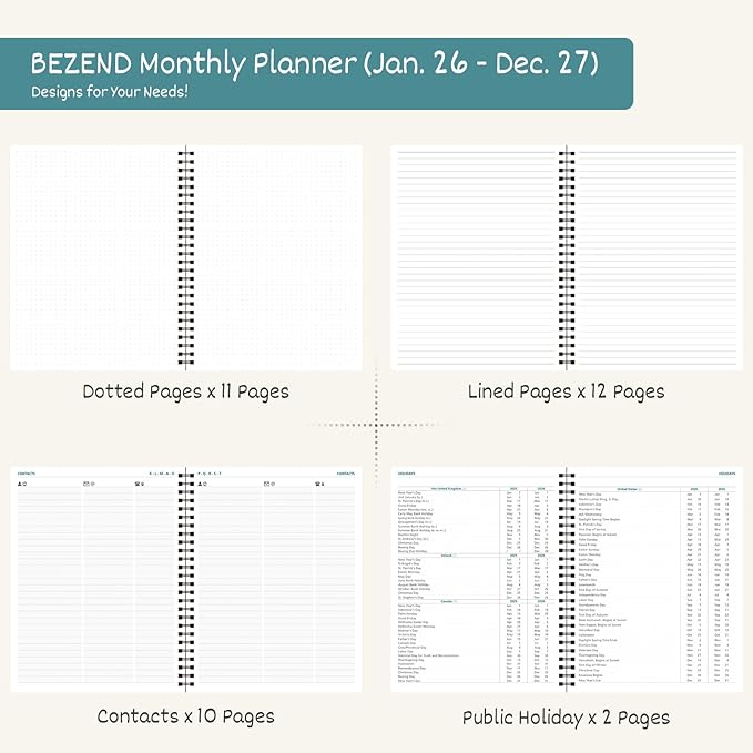 BEZEND Monthly Planner 2026-2027 (Spiral-7" x 9") 2 Year Calendar Book with Note Pages - Jan 26 to Dec 27-120 GSM Paper, Inner Pockets, Laminated Tabs, Vegan Leather Softcover - Sky Blue
