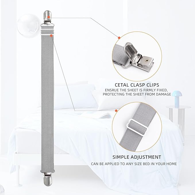 8Pcs Adjustable Bed Sheet Straps Clips, Elastic Mattress Sheet Fasteners Holder and Suspenders, Grippers to Hold Sheet, Mattress, Sofa, Couch, Table Cloth, Ironing Board Cover(Grey)