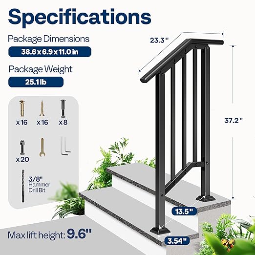 VIVOHOME 2-Pack 2 Step Galvanized Steel Hand Rails for Outdoor Steps – Black Oval and Safety Balusters Exterior Railing for Porch, Deck, or Indoor Stairs, Complete Installation Kit