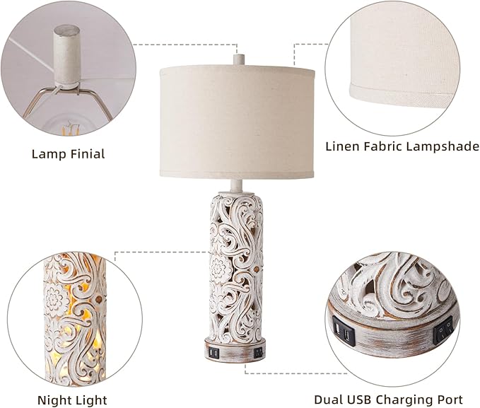 RORIANO Rustic Farmhouse Table Lamps for Living Room Bedroom, Vintage Bedside Lamp with Dual USB Port, Antique White Resin Retro Nightstand Lamps with Night Light, Bulbs Include