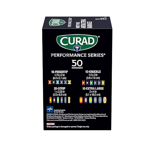 CURAD Performance Series Antibacterial Bandages, Extreme Hold Adhesive Technology, Finger & Knuckle Bandages, Flexible Fabric, Variety Pack with Assorted Sizes & Colors, 50 Count