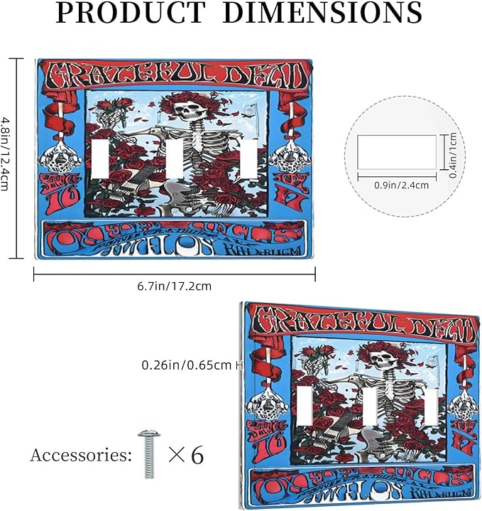 Decorative Switch Plate Covers Hippy Skull Red Rose Floral 3 Gang Light Switch Cover Plate Triple Toggle Wall Plate Light Switch Covers for Bathroom Decor
