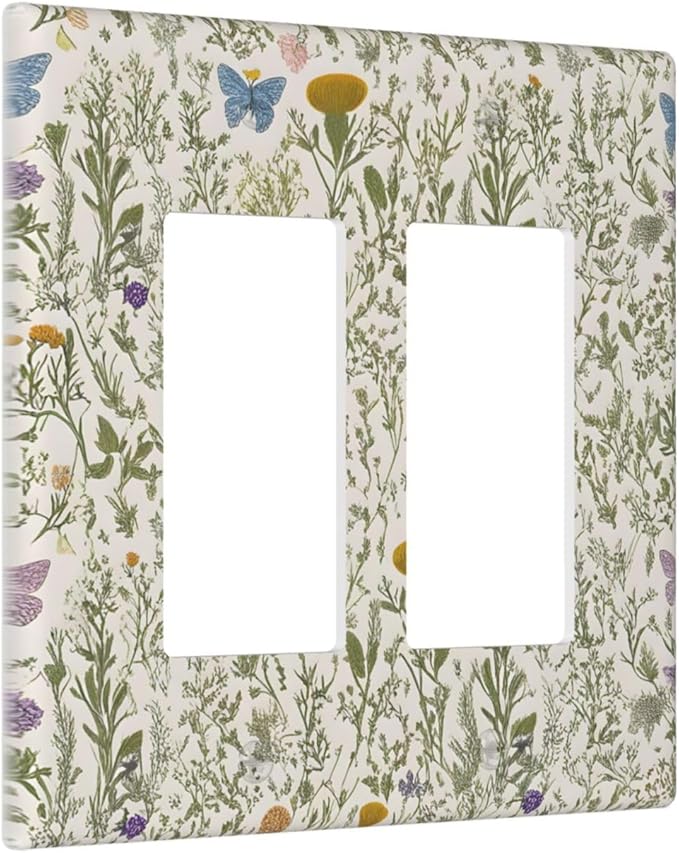 Floral Vintage Garden Plants Herbs Flower Botanical Outlet Covers Double Rocker Light Switch Covers Decorative Mustard Green 2 Gang Gfci Wall Plate Electrical Receptacle Switchplate Home Decor
