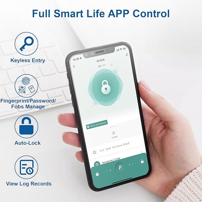 Fingerprint Door Lock, 6-in-1 Smart Door Knob with App Control/Fingerprints/IC Cards/Passwords/2 Keys, Fingerprint Door Knob Biometric Door Lock for Bedroom Apartment, Black