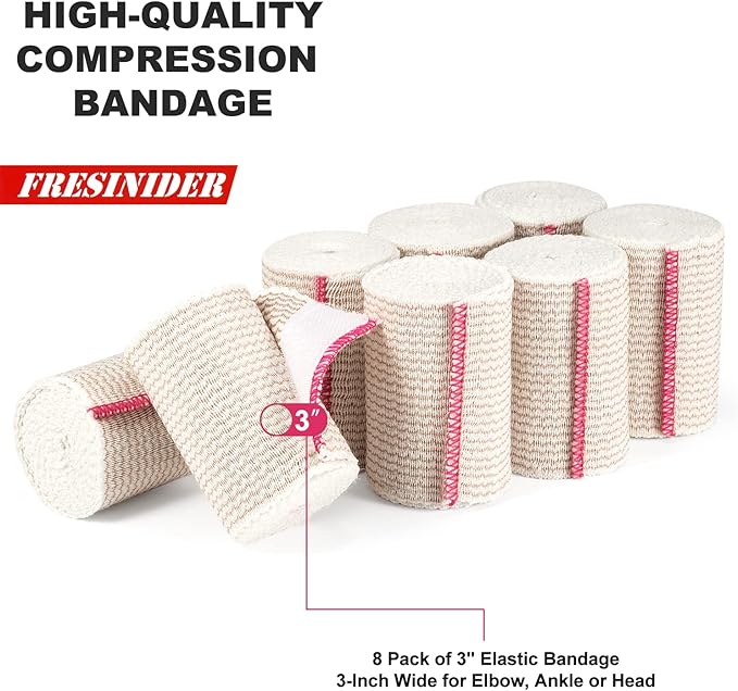 FRESINIDER Premium Elastic Bandage Wrap, 8 Pack 3" Cotton Latex Free Compression Bandage Wrap with Touch Closure at Both Ends, Support & First Aid for Sports, Medical, and Injury Recovery
