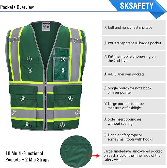 SKSAFETY 10 Pockets Safety Vest, Class 2 High Visibility Security with Zipper, Hi Vis Vest with Reflective Strips, ANSI/ISEA Standard, Construction Work Vest for Men ＆ Women （Green,L）